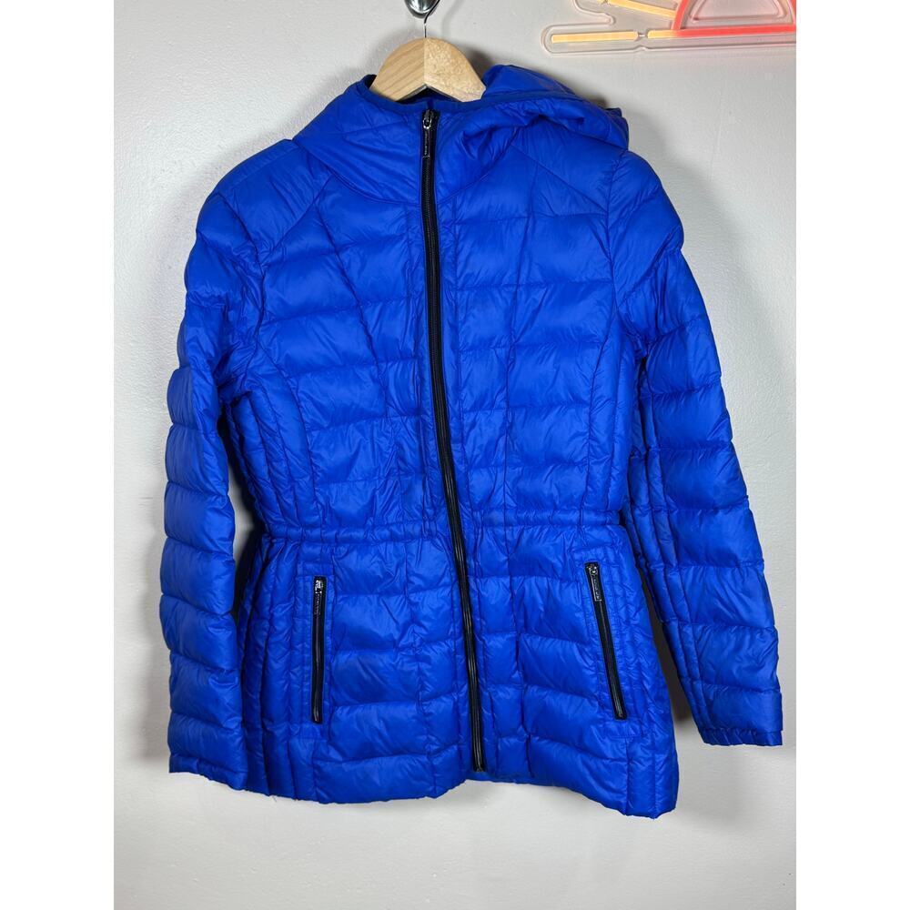 MICHAEL Michael Kors Blue Puffer Coat Hood Down Fill Cinch Waist Lightweight M